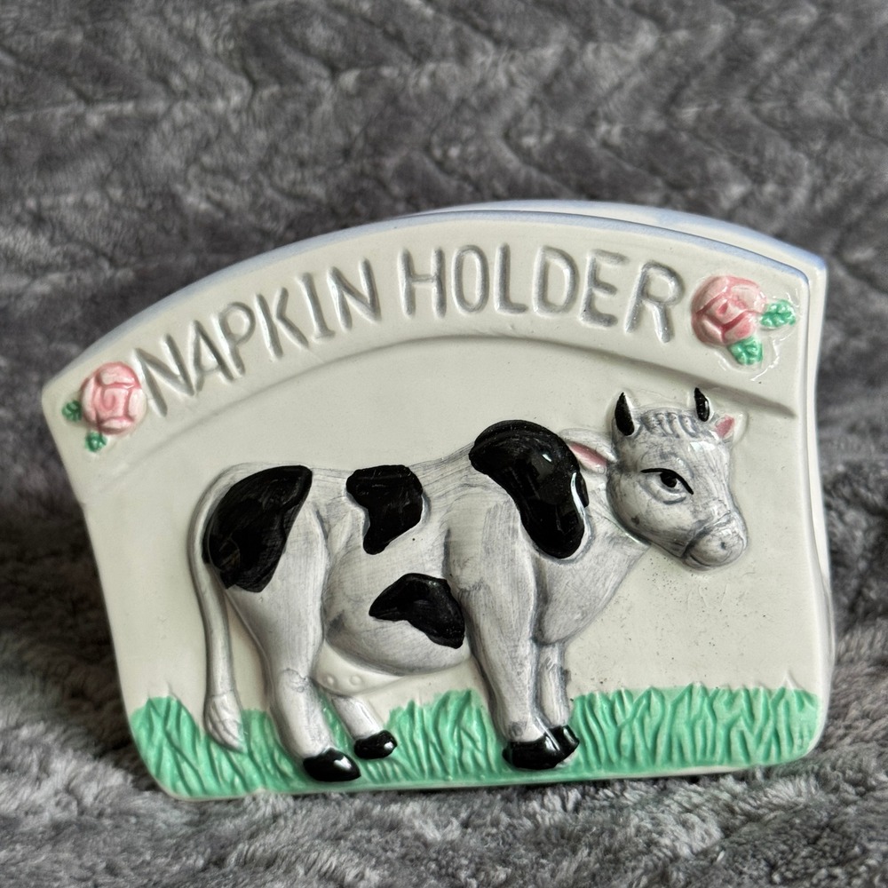 Vintage 1994 PTI Ceramic Cow Napkin Holder Farmhouse Country Decor Pink Rose